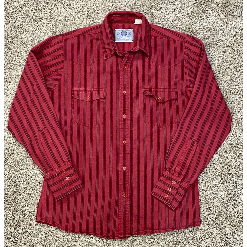 Vtg Wrangler Western Shirt Mens M Red Black Striped Heavy Twill Button Up 90’s